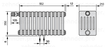 Схема (чертеж) Радиатор Zehnder Charleston 6035/12 №V007 Белый глянцевый RAL 9016